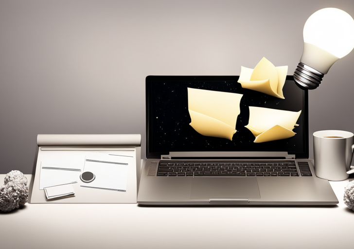  laptop displaying a blank document, surrounded by crumpled paper balls, a cup of coffee, and a glowing lightbulb appearing above the laptop