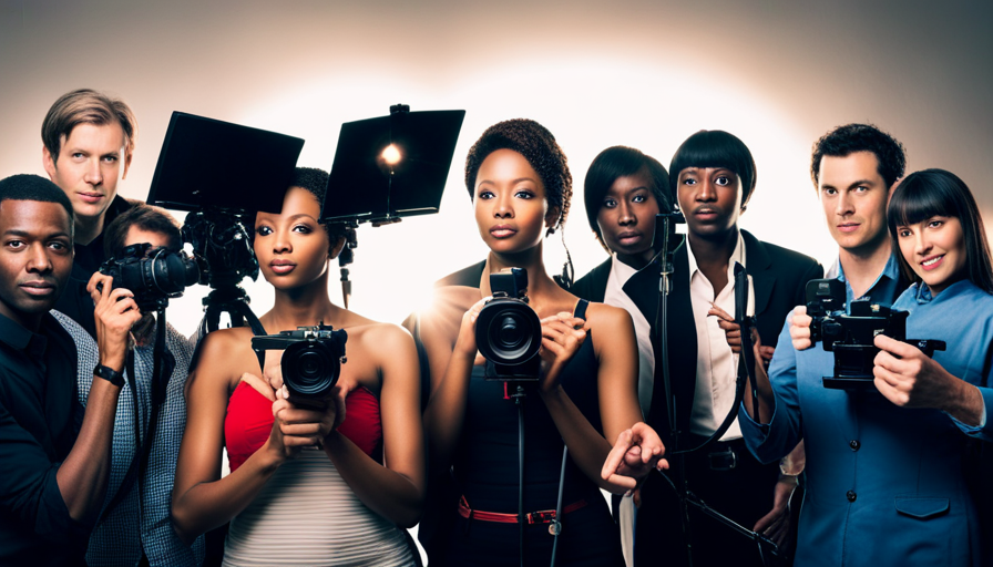 Up image of a diverse group of people of different ages and ethnicities, each holding a variety of filmmaking equipment such as cameras, microphones, and clapperboards, all under a bright spotlight