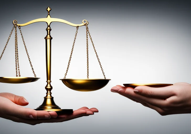 Pair of hands balancing a golden scale, one side holding a briefcase symbolizing business, the other a white dove representing ethics, against a neutral background