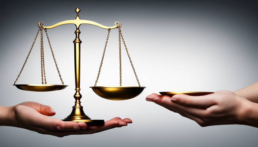 Pair of hands balancing a golden scale, one side holding a briefcase symbolizing business, the other a white dove representing ethics, against a neutral background