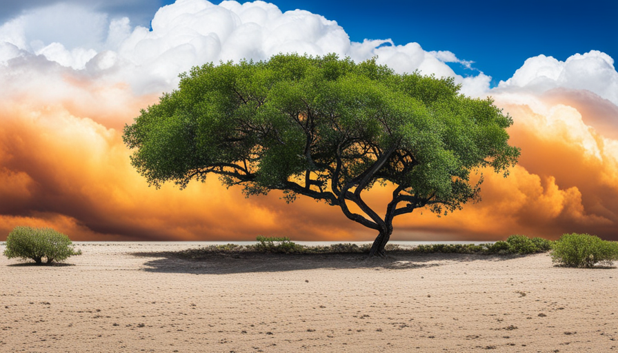 E of a half-dead, half-flourishing tree divided down the middle, with a barren desert on one side and lush greenery on the other, under a partly cloudy, partly sunny sky