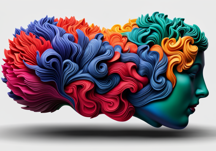  sculpted from colorful clay, with one half smooth and monochrome, the other half exploding with vibrant hues and abstract shapes, placed on a white minimalist background