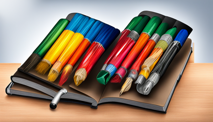 Uminated light bulb sprouting vibrant, multicolored paintbrushes, in the center of an open, weathered book, all set against a monochrome background of a classroom with empty desks