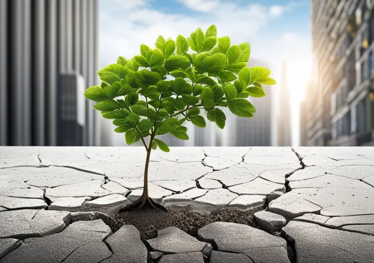 E of a small sapling growing from a crack in a concrete city sidewalk, with larger, flourishing trees reflected in a nearby glass building