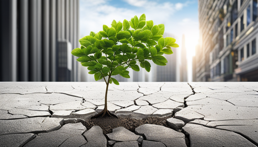 E of a small sapling growing from a crack in a concrete city sidewalk, with larger, flourishing trees reflected in a nearby glass building