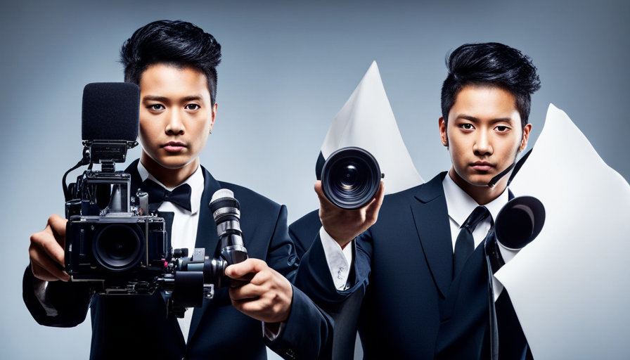 Novice with a curious expression holding a camcorder, with a half-constructed film set in the backdrop, depicting various stages of documentary filmmaking