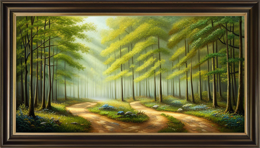 split road in a dense forest, with one path leading to corporate buildings and the other leading to a creative art studio, symbolizing a career change decision