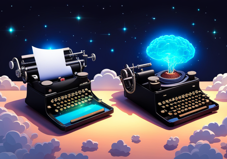  vintage typewriter with a paper being fed, surrounded by floating holographic AI chatbots, meteors symbolizing ideas and a glowing brain in the background