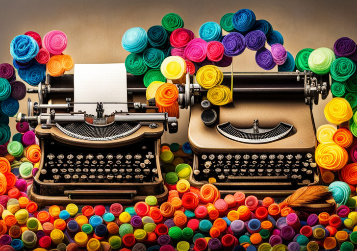 Ical, vintage typewriter spewing a vibrant rainbow of ink, amidst a sea of floating, crumpled paper balls, and a glowing, ethereal feather quill hovering above