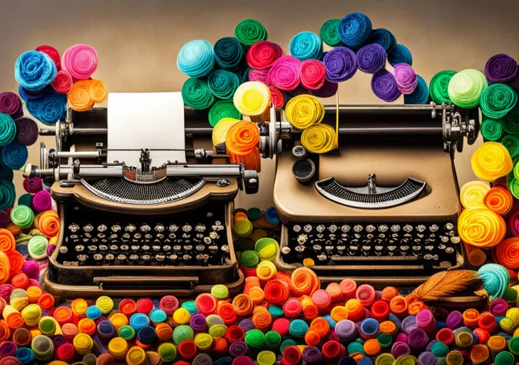 Ical, vintage typewriter spewing a vibrant rainbow of ink, amidst a sea of floating, crumpled paper balls, and a glowing, ethereal feather quill hovering above
