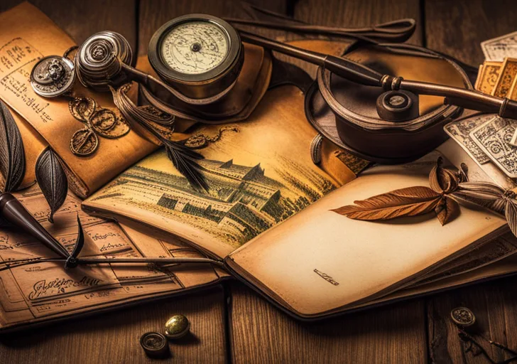 N vintage notebook, surrounded by a quill, inkwell, lit candle, and scattered antique postcards depicting diverse scenic images, under a soft warm light