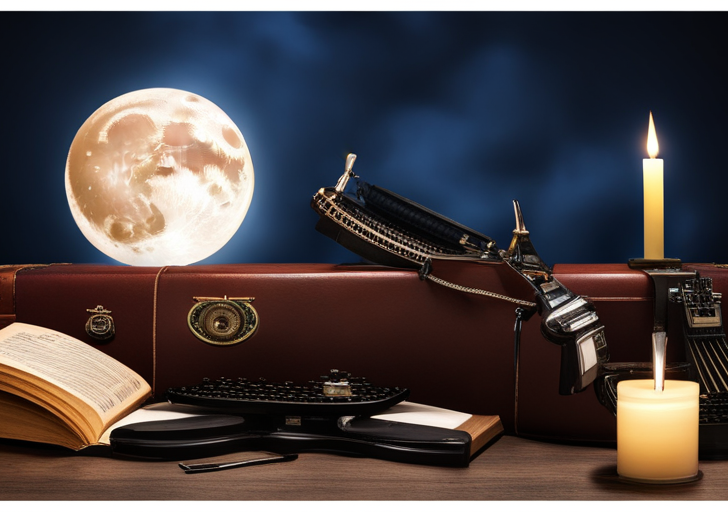  lit library with towering mahogany bookshelves, an antique quill resting on a tattered leather-bound notebook, a lit candle, and a vintage typewriter against a backdrop of a full moon