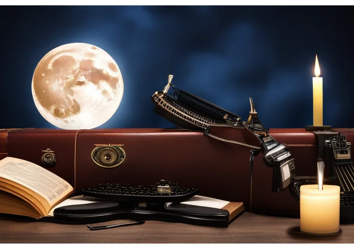  lit library with towering mahogany bookshelves, an antique quill resting on a tattered leather-bound notebook, a lit candle, and a vintage typewriter against a backdrop of a full moon