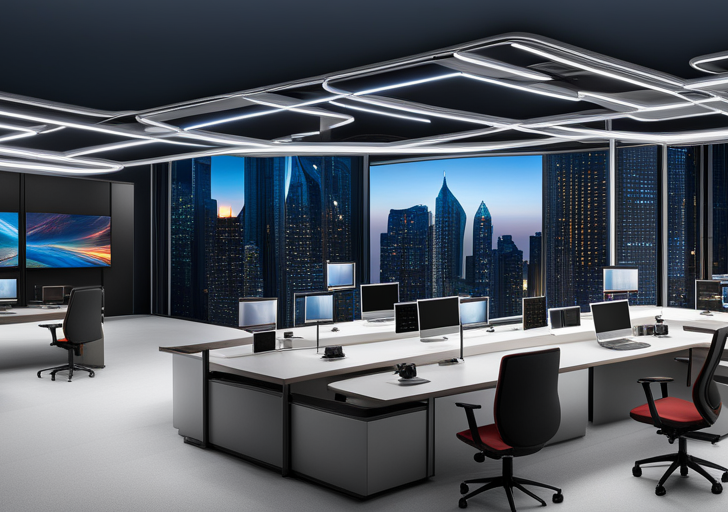  desktop with multiple digital screens, each displaying split-second tasks like data analysis, automated design, online meeting, and fast file transfers, all in a synchronized, seamless manner