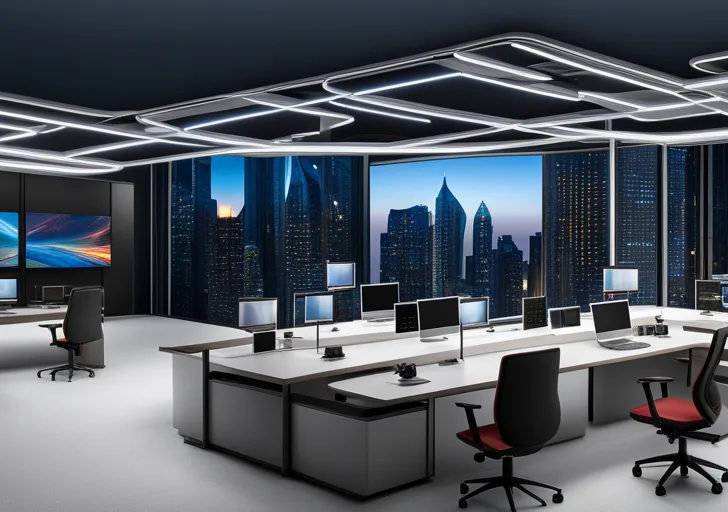  desktop with multiple digital screens, each displaying split-second tasks like data analysis, automated design, online meeting, and fast file transfers, all in a synchronized, seamless manner