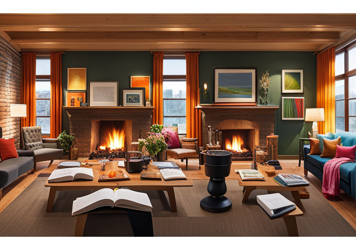 E of a cozy living room, a family gathered around a wooden table, each immersed in their own journals, a flurry of colorful pens, and a warm fireplace in the background