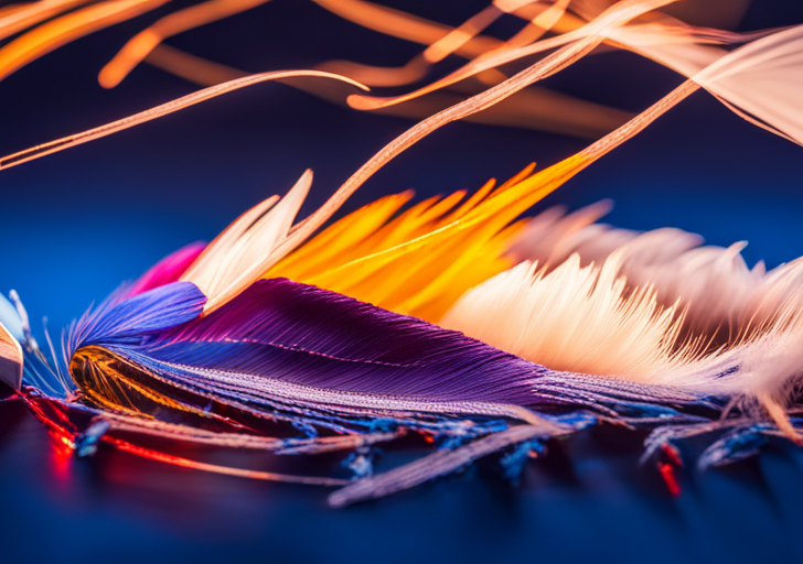 Ize a feather quill dancing freely on a blank parchment, surrounded by a burst of multicolored sparks, representing various themes and genres, against a rich, twilight blue background