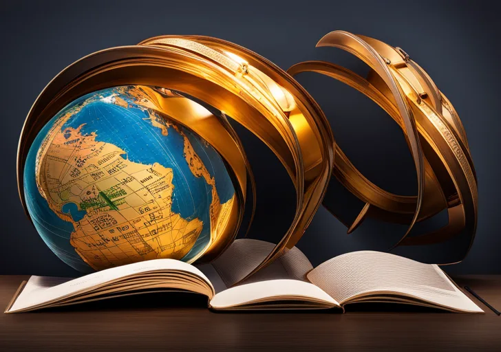 Ize a globe transforming into an open book, with symbols of various academic disciplines (math, science, literature, art) orbiting around it, all illuminated by a golden light