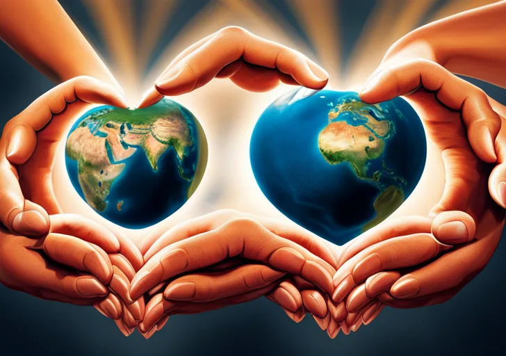 Ge depicting diverse hands reaching towards a glowing, heart-shaped Earth, symbolizing unity, compassion and empathy