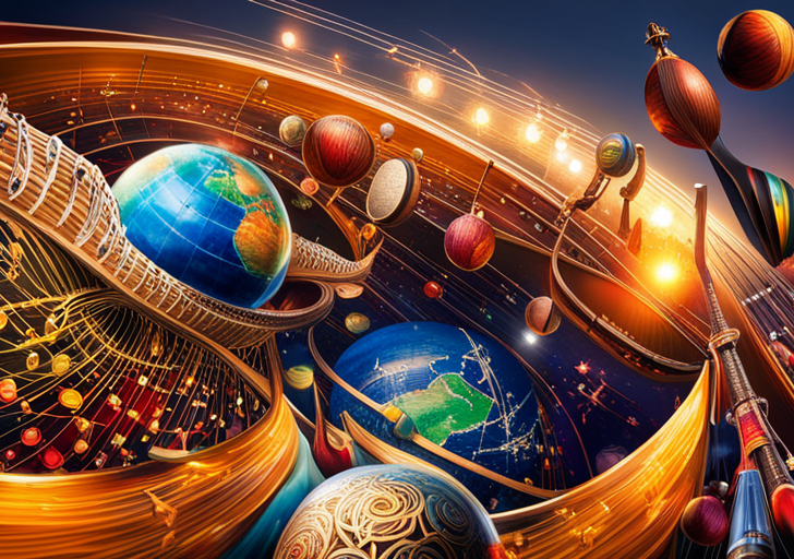  enveloped by swirling, colorful music notes, with diverse instruments like a sitar, djembe, violin, and guitar, and a conductor's baton poised in the foreground directing the symphony