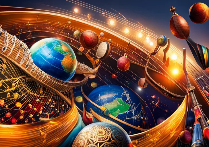  enveloped by swirling, colorful music notes, with diverse instruments like a sitar, djembe, violin, and guitar, and a conductor's baton poised in the foreground directing the symphony