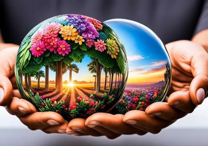E cradled in hands made of various ethnic skin tones, sprouting vibrant green leaves and colourful flowers, with a bright sun rising on the horizon behind it