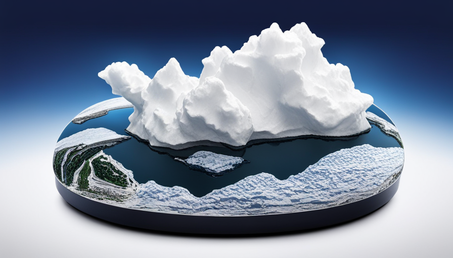 An image featuring a melting iceberg, smokestacks emitting fumes, deforested land, parched earth, and extreme weather phenomena like hurricanes, all in a divided globe