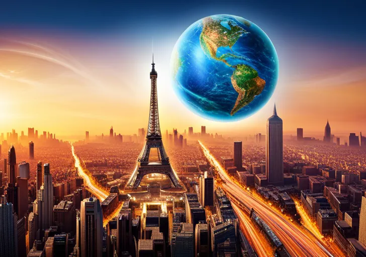 An image showing a globe being connected by digital threads, originating from a computer and branching out, touching various landmarks like the Eiffel Tower, Pyramids, and Statue of Liberty