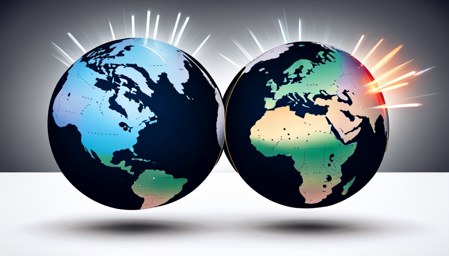 Ate a globe split in half, one side dark with candles and the other side bright with various modern electric devices, all connected with a zigzag line representing alternating current