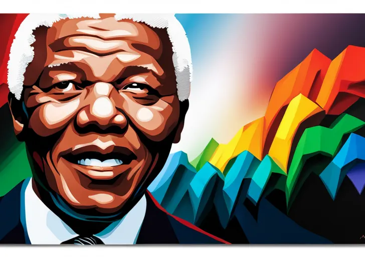 Ize a grayscale image of Nelson Mandela breaking chains of apartheid, with rainbow-colored light emanating from the broken links, symbolizing a world changed through freedom and unity