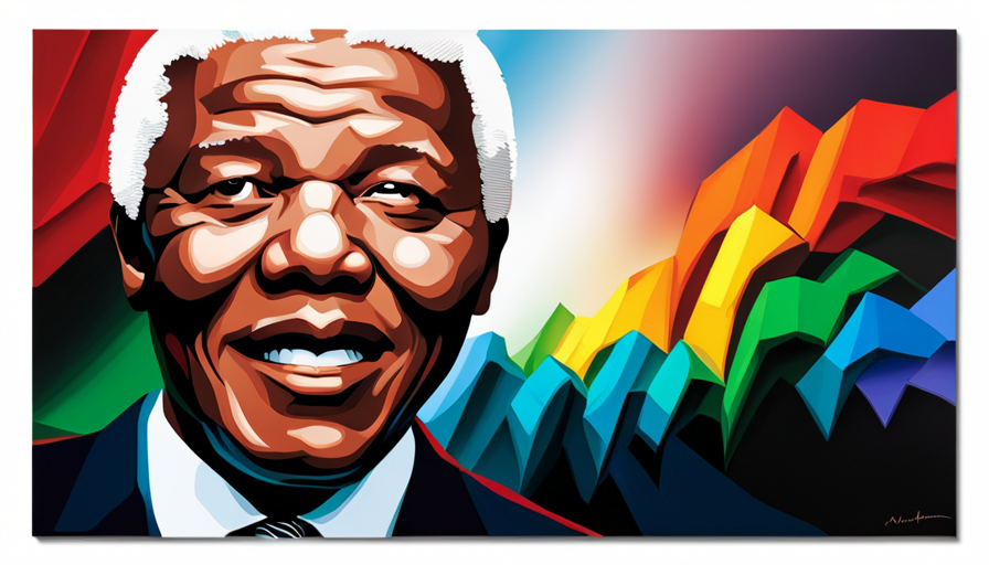 Ize a grayscale image of Nelson Mandela breaking chains of apartheid, with rainbow-colored light emanating from the broken links, symbolizing a world changed through freedom and unity