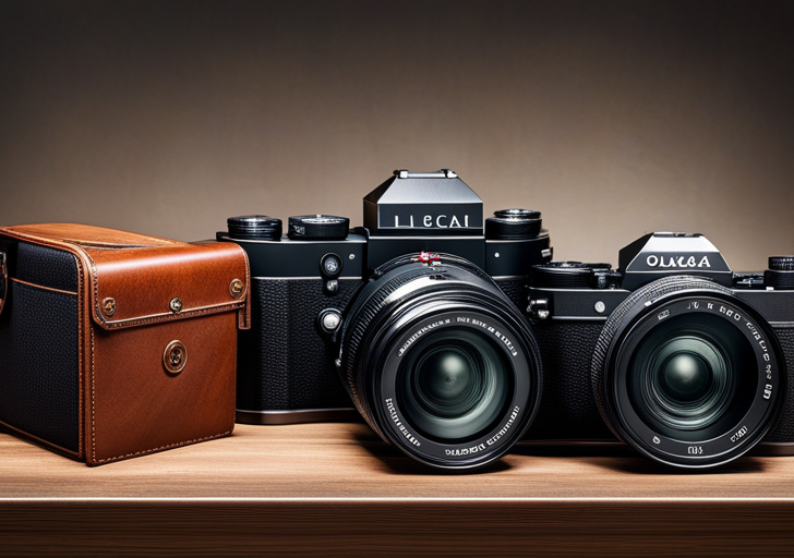 Ique Leica camera, Oskar Barnack's portrait fading into a modern DSLR camera, with a dynamic, transitioning background illustrating the evolution of photography