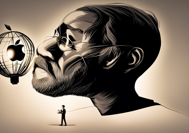 Strative montage featuring Steve Jobs, an Apple logo, a silhouette of the world, the first iPhone, a Macintosh computer, and the Pixar lamp, all interconnected with glowing lines
