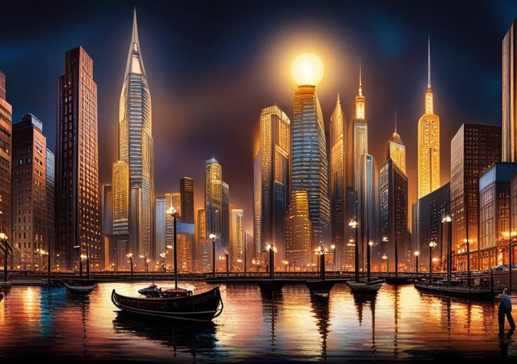  dark, candle-lit world on the left merging into a bright, electric bulb-illuminated cityscape on the right, symbolizing the transition from pre to post-invention of the lightbulb