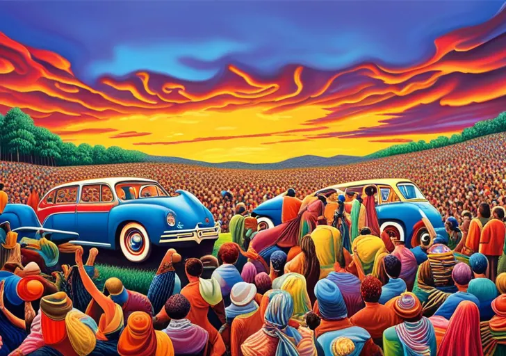 1969 Woodstock scene: crowd of diverse, free-spirited individuals, peace signs, vintage vehicles, music instruments, tie-dye clothes, amidst a lush green field under a vibrant psychedelic sky