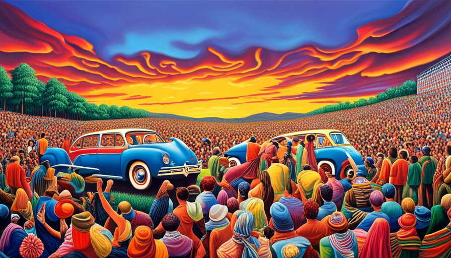 1969 Woodstock scene: crowd of diverse, free-spirited individuals, peace signs, vintage vehicles, music instruments, tie-dye clothes, amidst a lush green field under a vibrant psychedelic sky