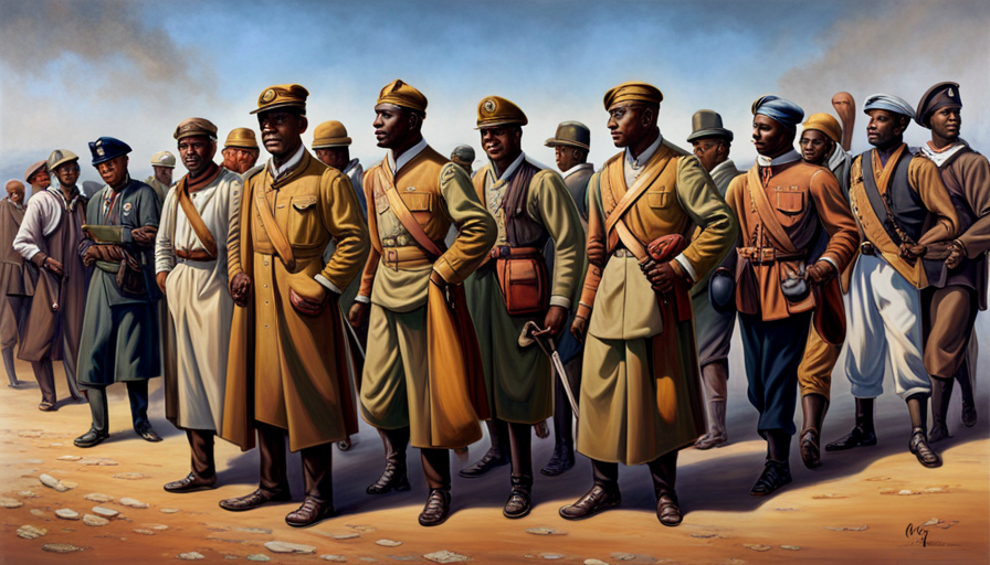 African Americans in WWI military uniforms, transitioning into 1920s civilian attire, surrounded by images of the Great Migration, factory work, and emerging Harlem Renaissance culture