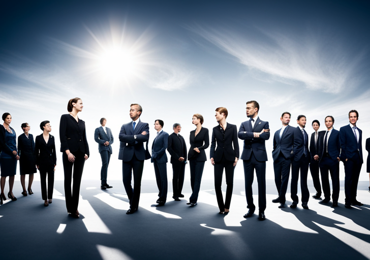 An image showing diverse individuals in professional attire, actively communicating and collaborating, with a balanced scale in the foreground symbolizing fairness and integrity