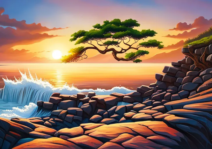 An image of a weathered tree thriving on a rocky cliff, with a radiant sunrise in the background symbolizing hope and resilience