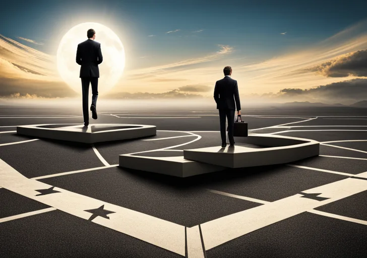 An image showing a businessman at crossroads, one path leading towards a courthouse (representing law) and the other towards a compass (representing ethics)