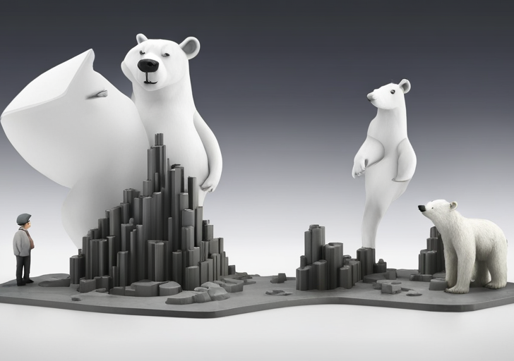 Wilted tree under a scorching sun, contrasted with a polar bear on a melting iceberg, divided by a smoke-belching factory in the middle, all under a hazy, polluted sky