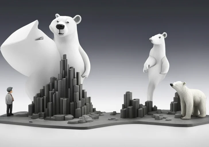 Wilted tree under a scorching sun, contrasted with a polar bear on a melting iceberg, divided by a smoke-belching factory in the middle, all under a hazy, polluted sky