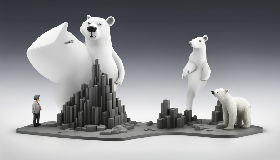 Wilted tree under a scorching sun, contrasted with a polar bear on a melting iceberg, divided by a smoke-belching factory in the middle, all under a hazy, polluted sky