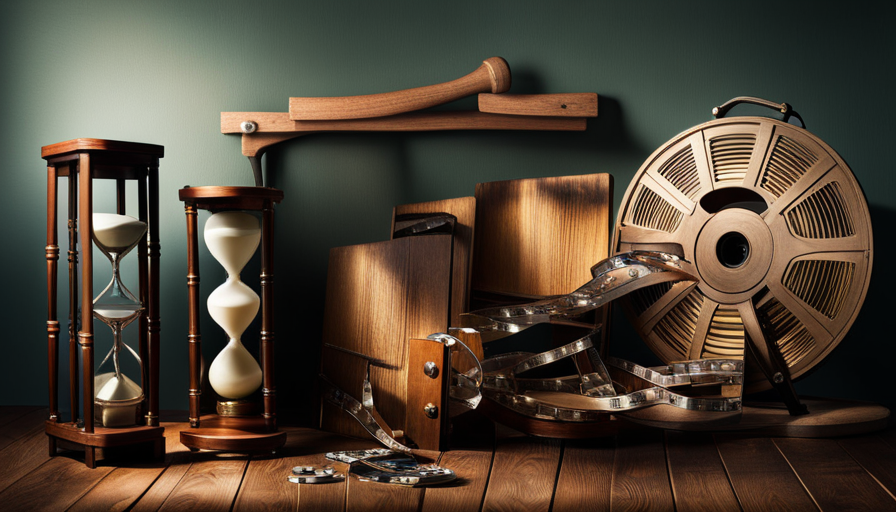 Ge hourglass standing next to a film reel, with a clapperboard, a director's chair, and different lengths of film strips scattered around, all on a wooden table