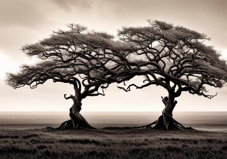 Ze a sapling weathering a storm, its roots gripping the earth tightly, while in the background, a mature, sturdy tree stands resilient against the same stormy backdrop