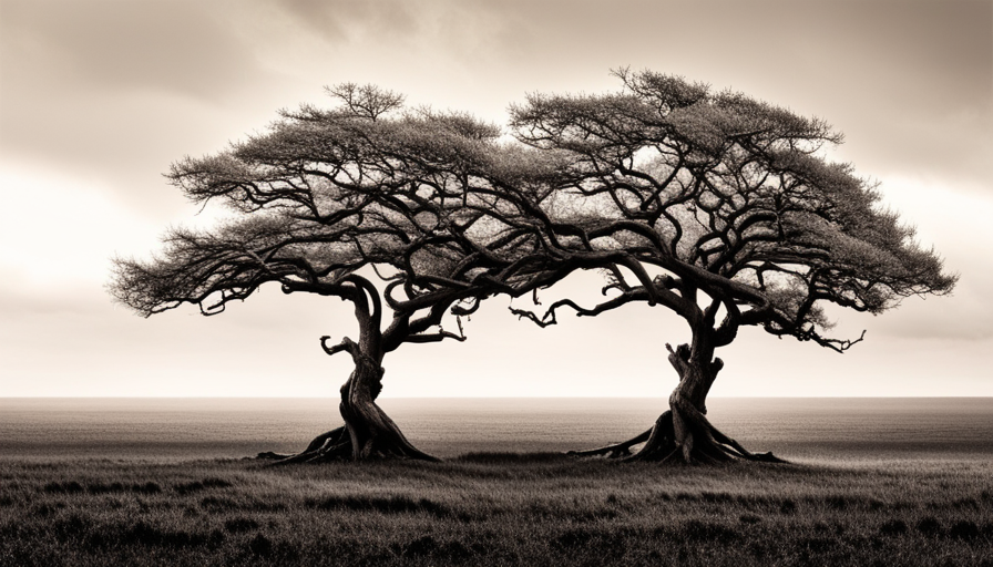 Ze a sapling weathering a storm, its roots gripping the earth tightly, while in the background, a mature, sturdy tree stands resilient against the same stormy backdrop