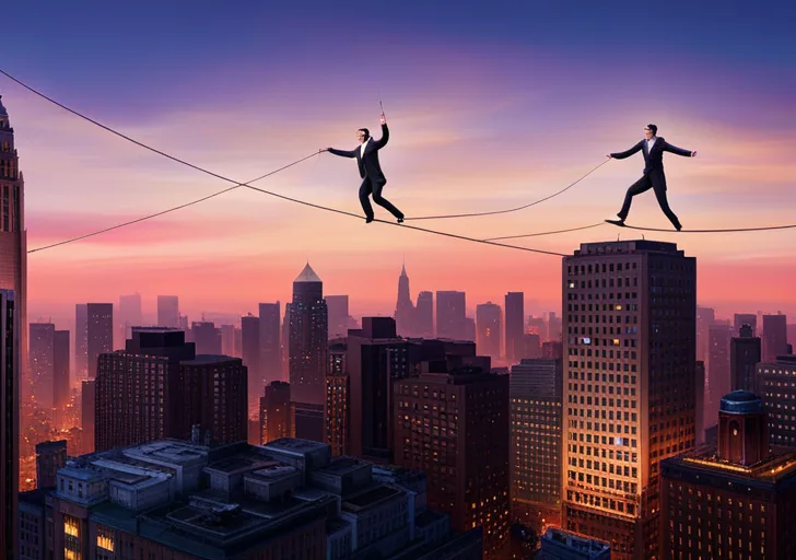  tightrope walker at night, transitioning from a dimly lit, monotonous office building to a brightly lit, colorful circus tent, symbolizing the daring leap of a career change