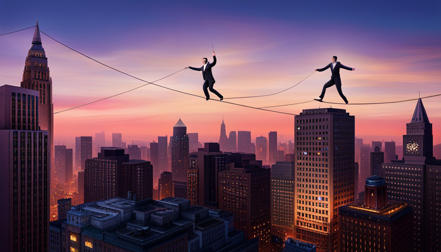 tightrope walker at night, transitioning from a dimly lit, monotonous office building to a brightly lit, colorful circus tent, symbolizing the daring leap of a career change