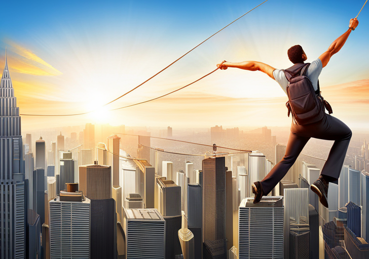 Ate a tightrope walker balancing between two skyscrapers, symbolizing jobs, with gold coins in their backpack, against a sunrise backdrop, representing hope and new beginnings