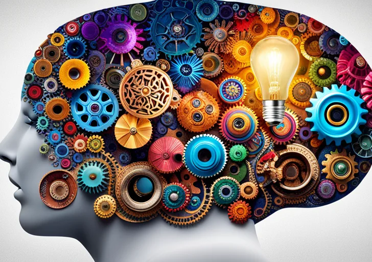 An image showing a brain made of vibrant, colourful gears and cogs, with a light bulb illuminated at the center, conveying the process of creative thinking and idea generation